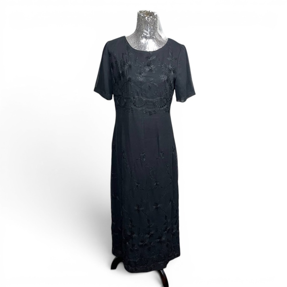 Vintage 90s‎ Black Embroidered Floral Maxi Dress Evening Size 8 Party Gothic
